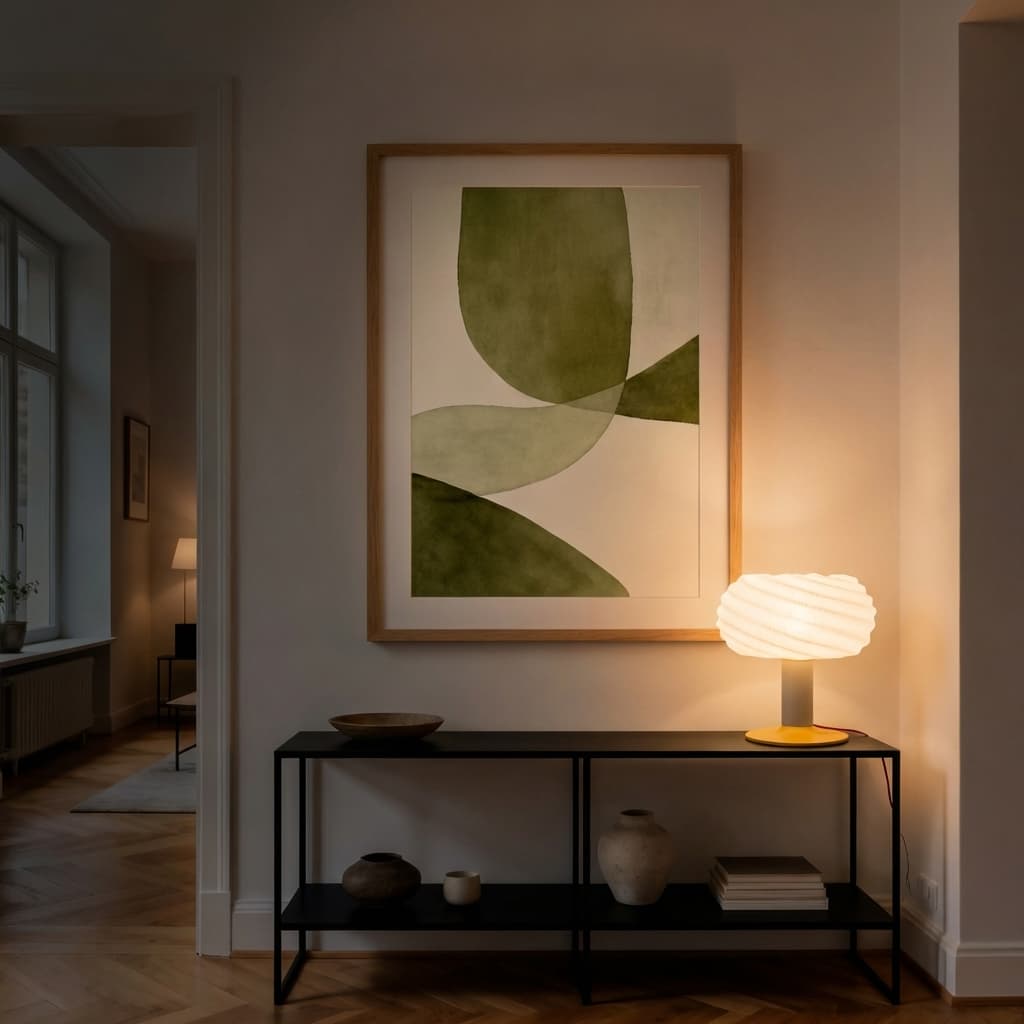Mira 3D printed table lamp glowing softly on a dark wood living room credenza